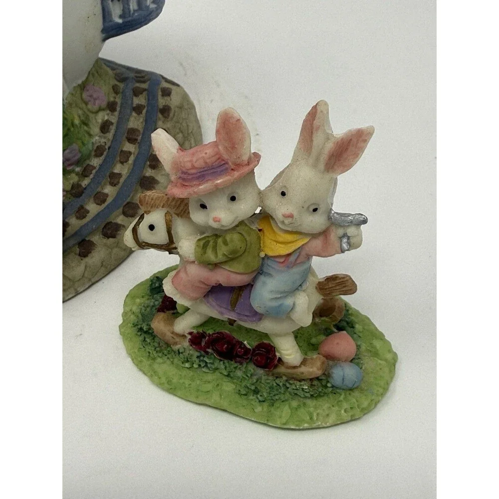 Porcelain Bunny Towne Toy Shop Easter Village Figurines Vintage 3-Piece Set